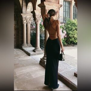MESHKI Elegant Black Backless Gown
